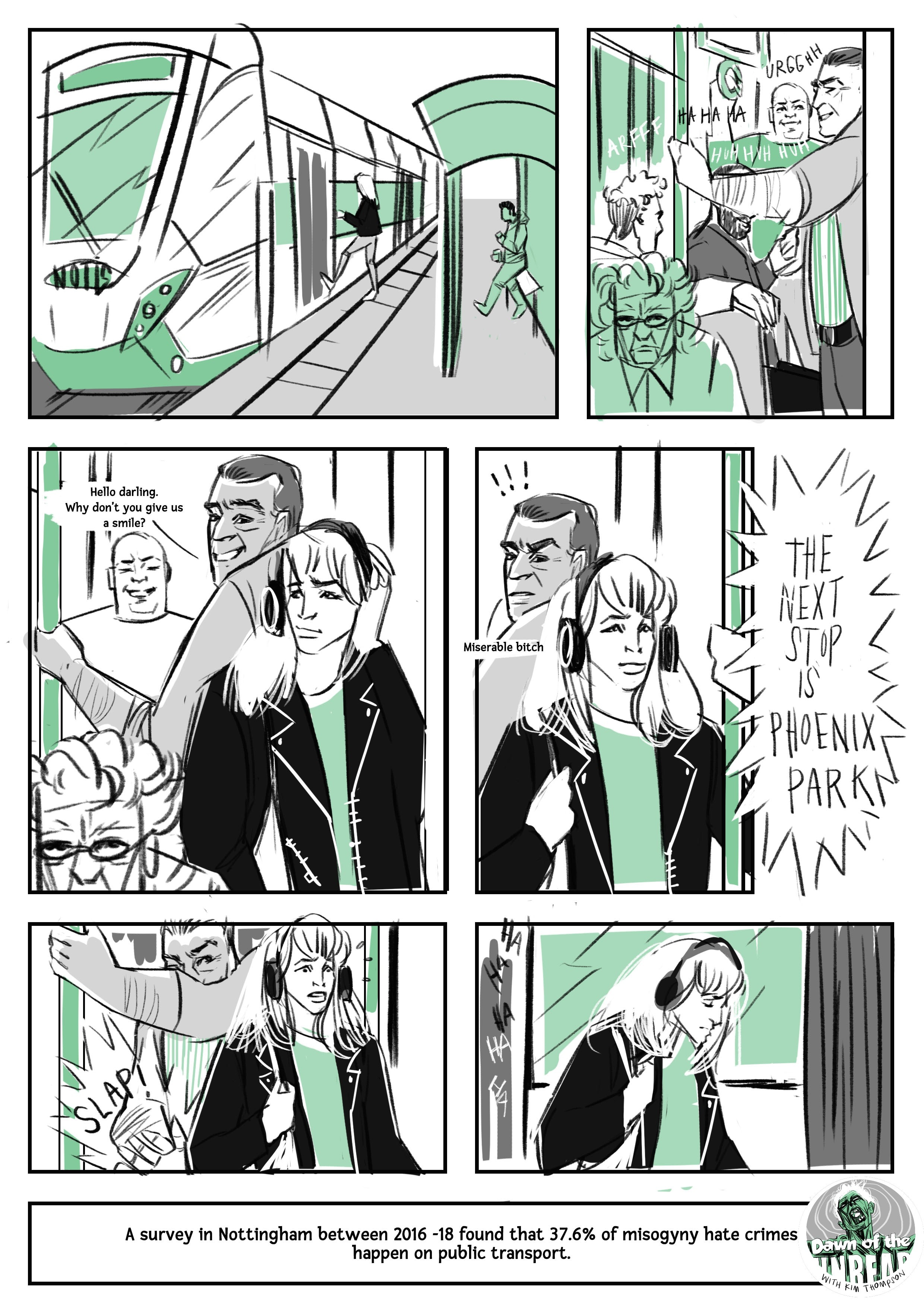 A comic strip illustrating misogynistic behaviour on public transport